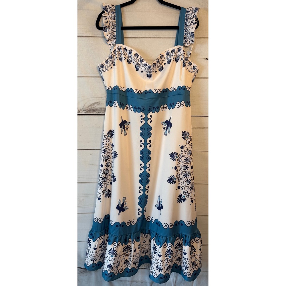 Dalia MacPhee Ivory Blue Bird Print Ruffle Strap Midi Dress D2030 Large